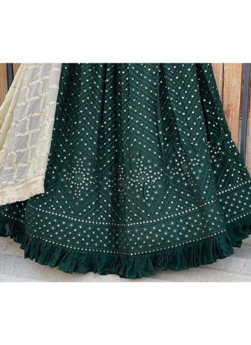 Green Designer Choli With Georgette Thread Embroidered Lehenga